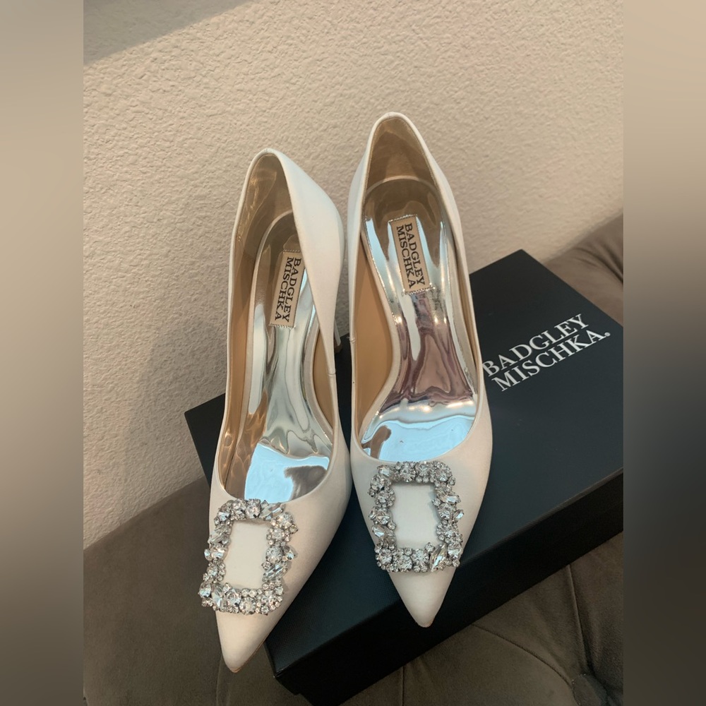 Badgley Mischka Cher Chrystal Embellished Pump- color soft white satin - Picture 10 of 12
